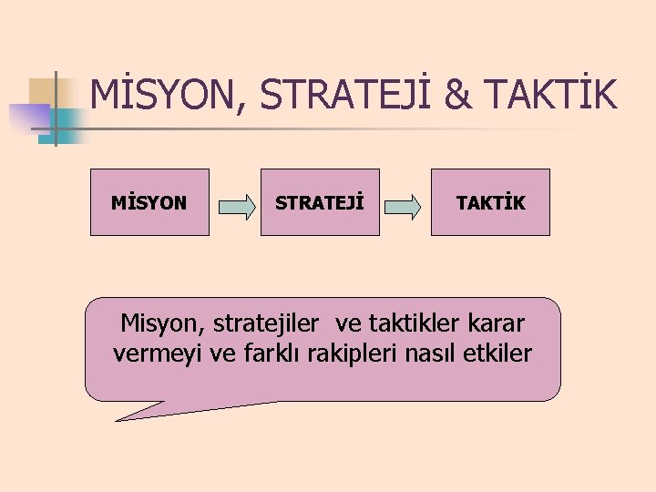 MİSYON, STRATEJİ & TAKTİK MİSYON STRATEJİ TAKTİK Misyon, stratejiler ve taktikler karar vermeyi ve