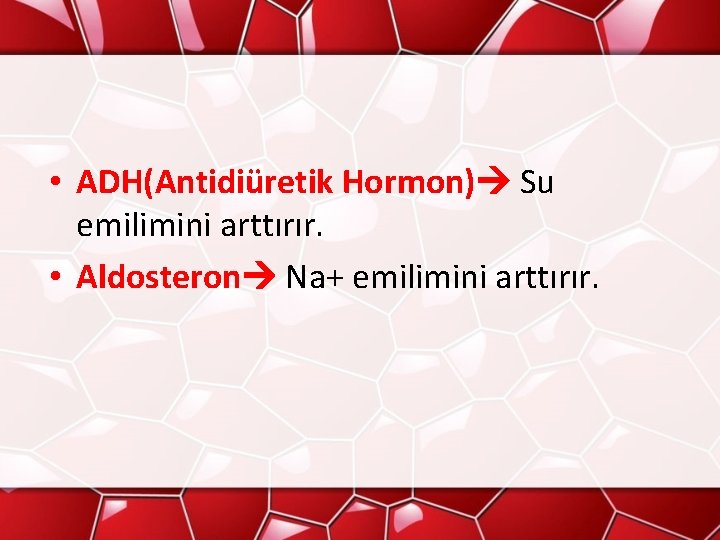  • ADH(Antidiüretik Hormon) Su emilimini arttırır. • Aldosteron Na+ emilimini arttırır. 