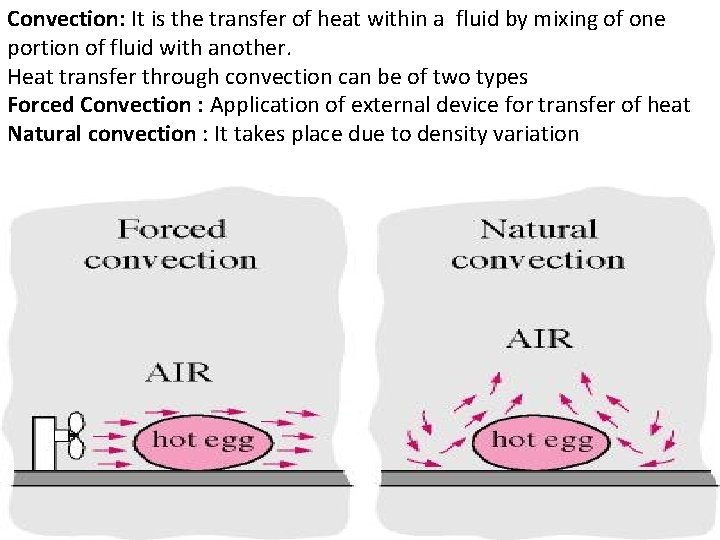 Convection: It is the transfer of heat within a fluid by mixing of one