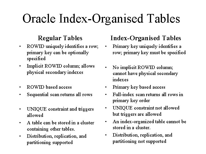 Oracle Index-Organised Tables Regular Tables • Index-Organised Tables ROWID uniquely identifies a row; primary Oracle Index-Organised Tables Regular Tables • Index-Organised Tables ROWID uniquely identifies a row; primary