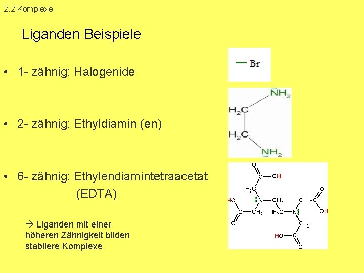 2. 2 Komplexe Liganden Beispiele • 1 zähnig: Halogenide • 2 zähnig: Ethyldiamin (en)