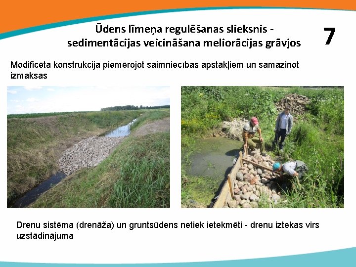 Ūdens līmeņa regulēšanas slieksnis sedimentācijas veicināšana meliorācijas grāvjos Modificēta konstrukcija piemērojot saimniecības apstākļiem un