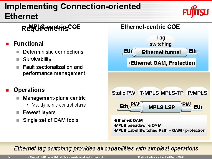 Implementing Connection-oriented Ethernet MPLS-centric COE Requirements n Tag switching Functional Deterministic connections n Survivability