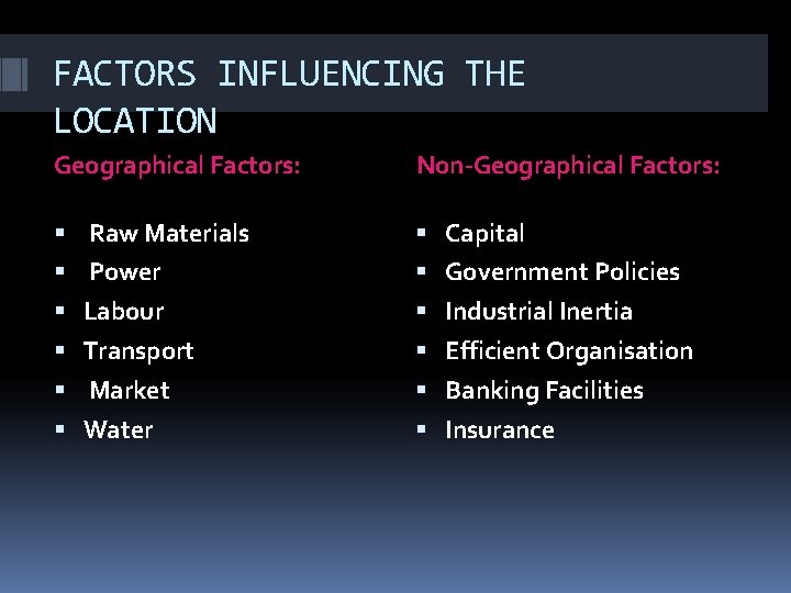 FACTORS INFLUENCING THE LOCATION Geographical Factors: Non-Geographical Factors: Raw Materials Capital Power Government Policies