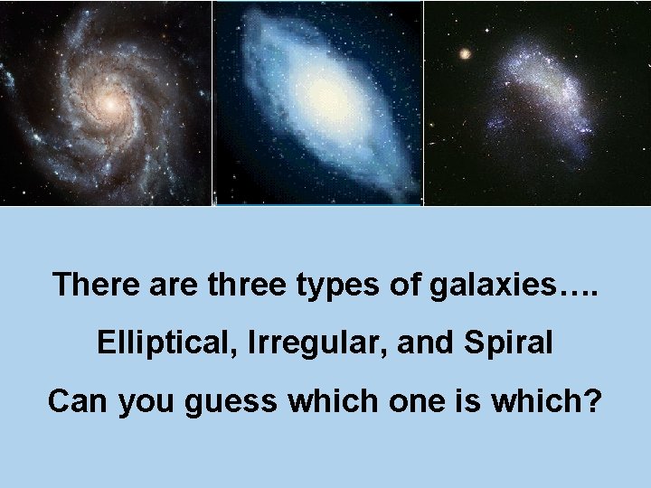 There are three types of galaxies…. Elliptical, Irregular, and Spiral Can you guess which