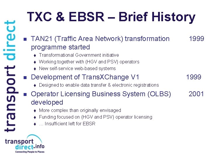 TXC & EBSR – Brief History n TAN 21 (Traffic Area Network) transformation programme