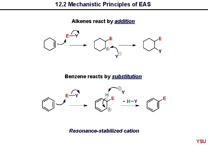 12. 2 Mechanistic Principles of EAS Alkenes react by addition Benzene reacts by substitution