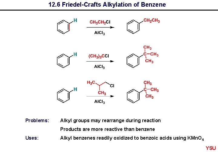 12. 6 Friedel-Crafts Alkylation of Benzene Problems: Alkyl groups may rearrange during reaction Products