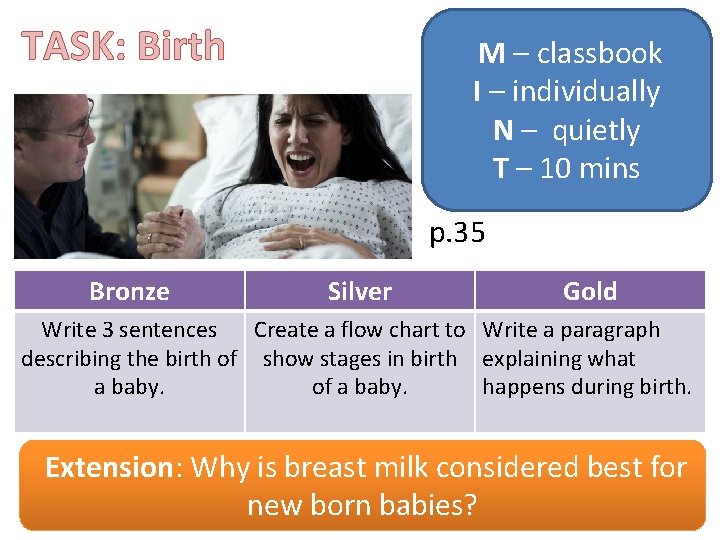 TASK: Birth M – classbook I – individually N – quietly T – 10