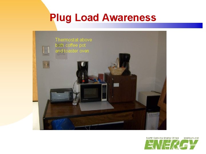 Plug Load Awareness Thermostat above both coffee pot and toaster oven 