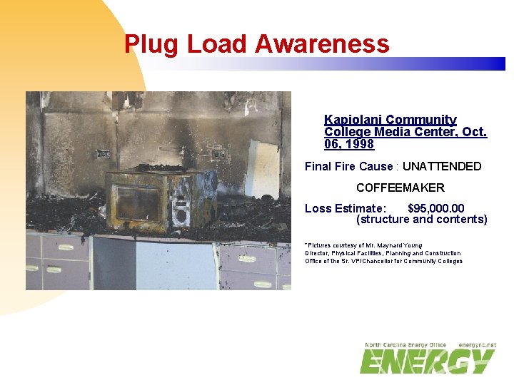 Plug Load Awareness Kapiolani Community College Media Center, Oct. 06, 1998 Final Fire Cause