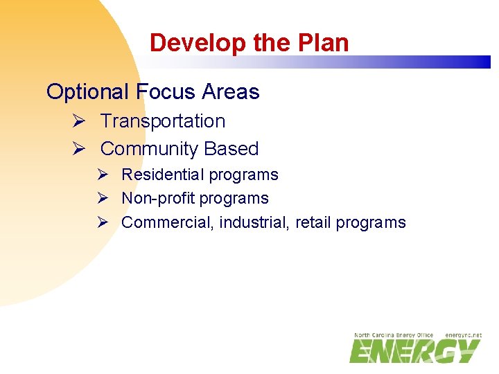 Develop the Plan Optional Focus Areas Ø Transportation Ø Community Based Ø Residential programs