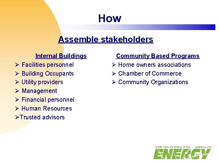 How Assemble stakeholders Internal Buildings Ø Facilities personnel Ø Building Occupants Ø Utility providers