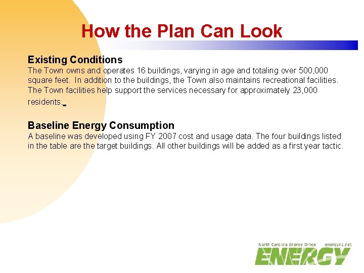 How the Plan Can Look Existing Conditions The Town owns and operates 16 buildings,