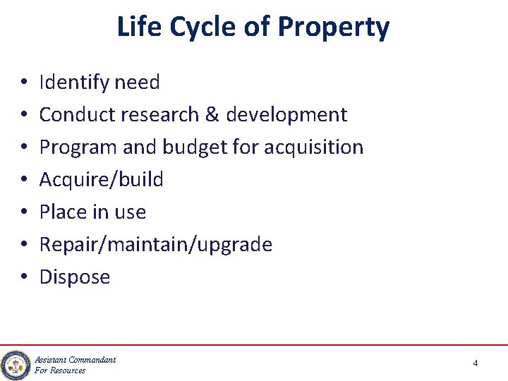 Life Cycle of Property • • Identify need Conduct research & development Program and