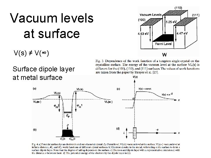 Vacuum levels at surface V(s) ≠ V(∞) Surface dipole layer at metal surface 