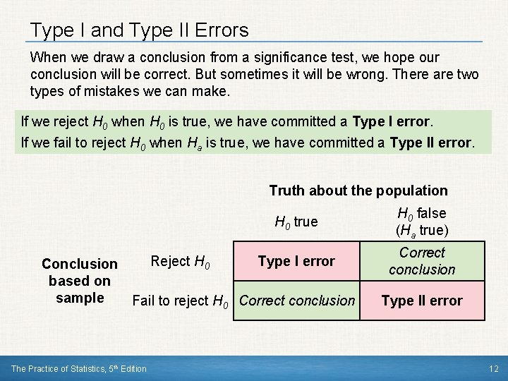 Type I and Type II Errors When we draw a conclusion from a significance