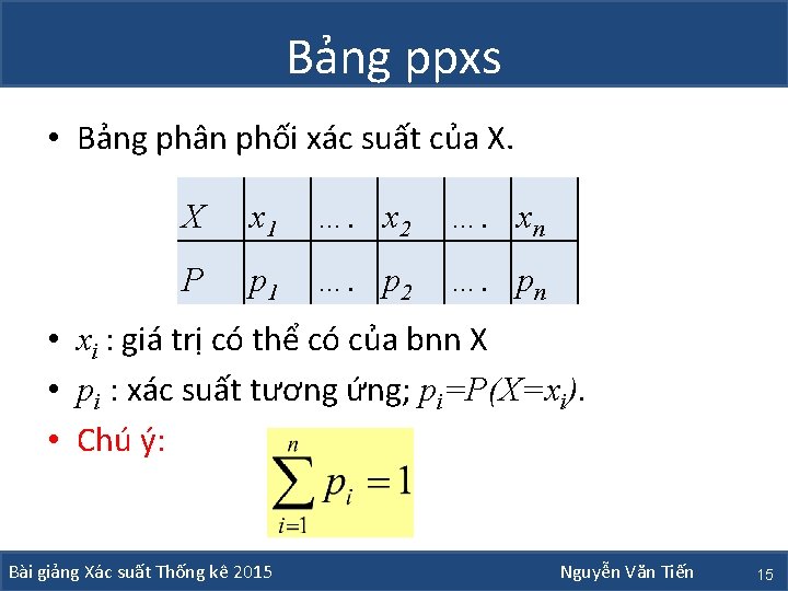 Bảng ppxs • Bảng phân phối xác suất của X. X x 1 ….