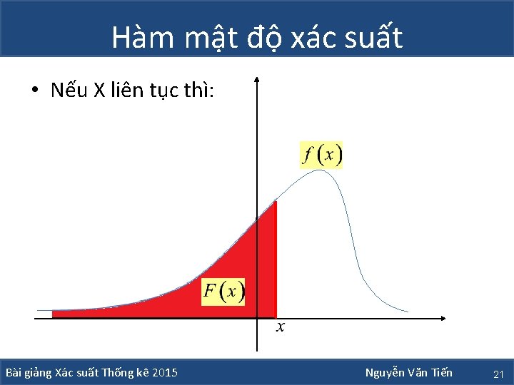 Hàm mật độ xác suất • Nếu X liên tục thì: Bài giảng Xác