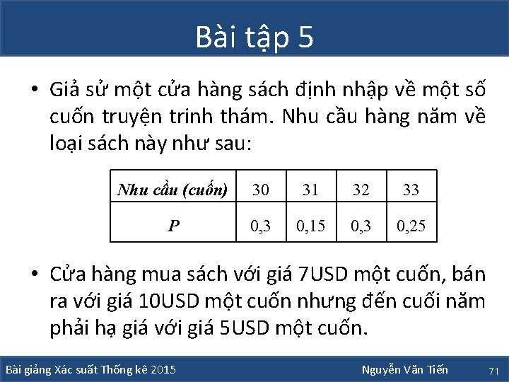 Bài tập 5 • Giả sử một cửa hàng sách định nhập về một