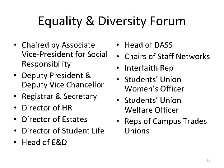 Equality & Diversity Forum • Chaired by Associate Vice-President for Social Responsibility • Deputy