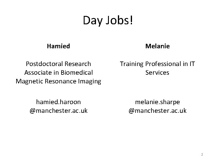 Day Jobs! Hamied Melanie Postdoctoral Research Associate in Biomedical Magnetic Resonance Imaging Training Professional