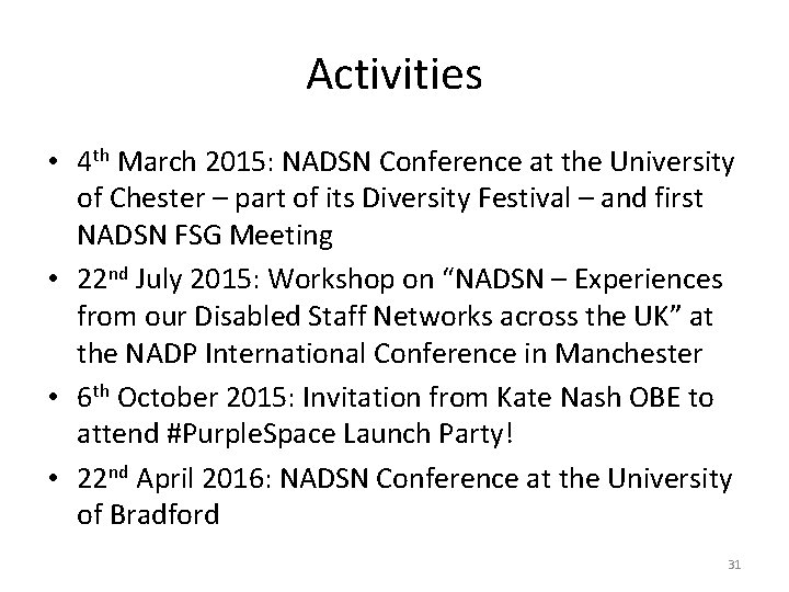 Activities • 4 th March 2015: NADSN Conference at the University of Chester –