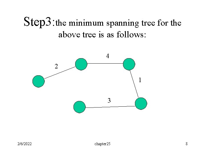 Step 3: the minimum spanning tree for the above tree is as follows: 4 Step 3: the minimum spanning tree for the above tree is as follows: 4