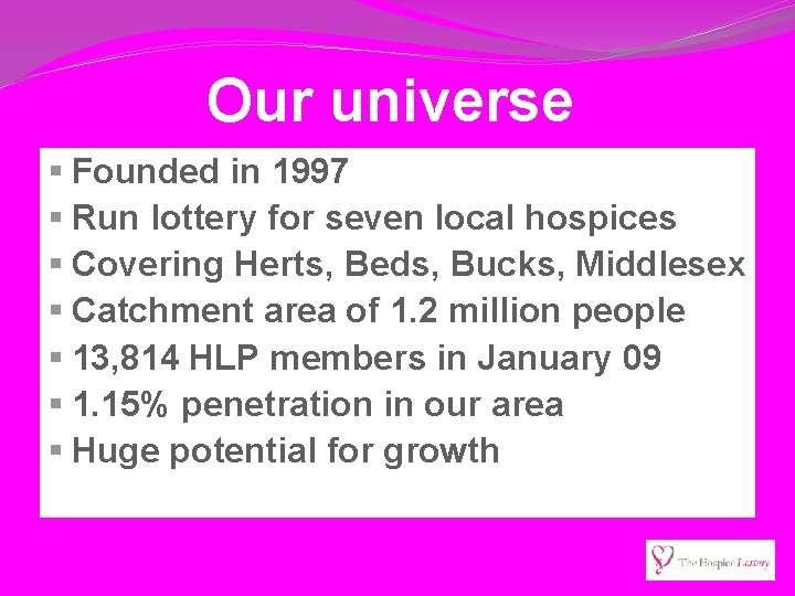 Our universe § Founded in 1997 § Run lottery for seven local hospices §