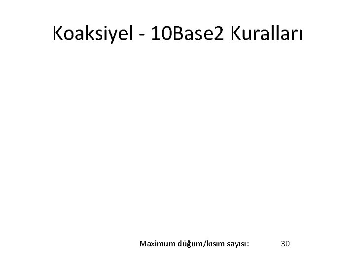 Koaksiyel - 10 Base 2 Kuralları Maximum düğüm/kısım sayısı: 30 