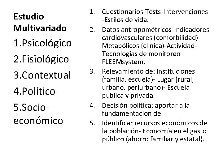 Estudio Multivariado 1. Psicológico 2. Fisiológico 3. Contextual 4. Político 5. Socioeconómico 1. Cuestionarios-Tests-Intervenciones