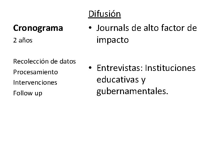 2 años Difusión • Journals de alto factor de impacto Recolección de datos Procesamiento