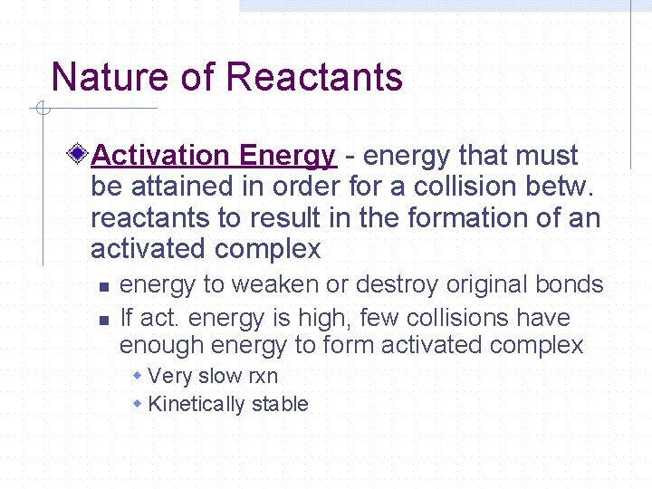 Nature of Reactants Activation Energy - energy that must be attained in order for Nature of Reactants Activation Energy - energy that must be attained in order for