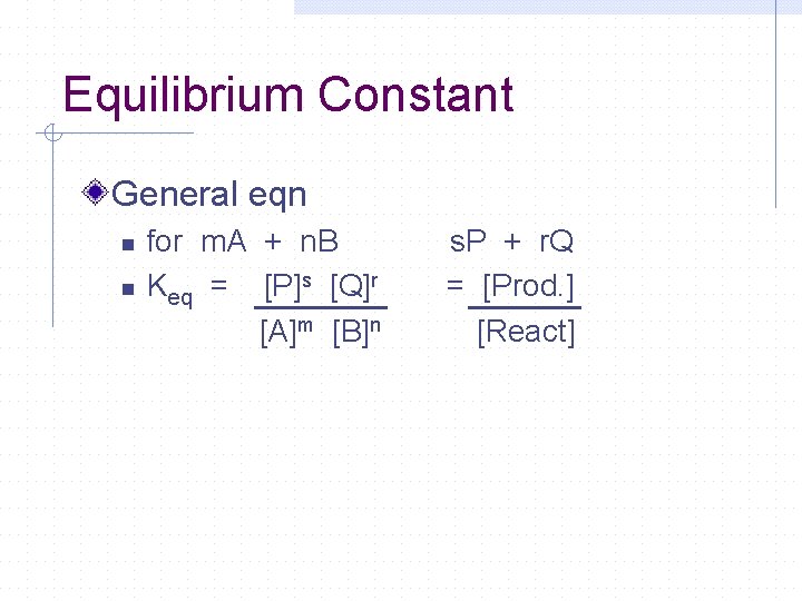 Equilibrium Constant General eqn n n for m. A + n. B Keq = Equilibrium Constant General eqn n n for m. A + n. B Keq =