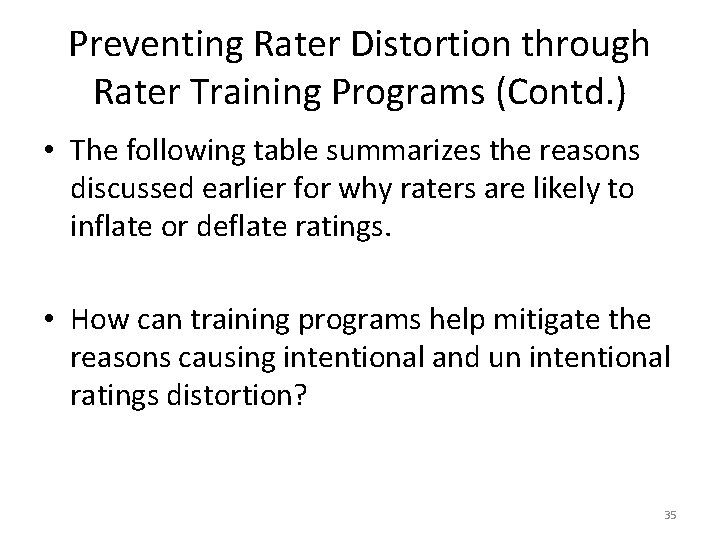 Preventing Rater Distortion through Rater Training Programs (Contd. ) • The following table summarizes