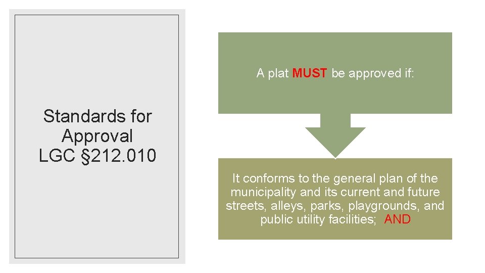 A plat MUST be approved if: Standards for Approval LGC § 212. 010 It