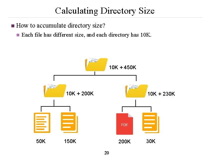 Calculating Directory Size n How to accumulate directory size? n Each file has different