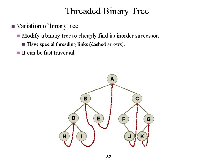 Threaded Binary Tree n Variation of binary tree n Modify a binary tree to