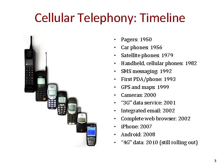 Cellular Telephony: Timeline • • • • Pagers: 1950 Car phones: 1956 Satellite phones: