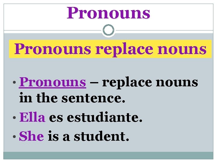 Pronouns replace nouns • Pronouns – replace nouns in the sentence. • Ella es