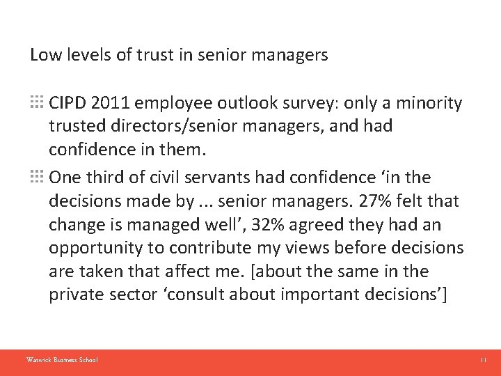 Low levels of trust in senior managers CIPD 2011 employee outlook survey: only a