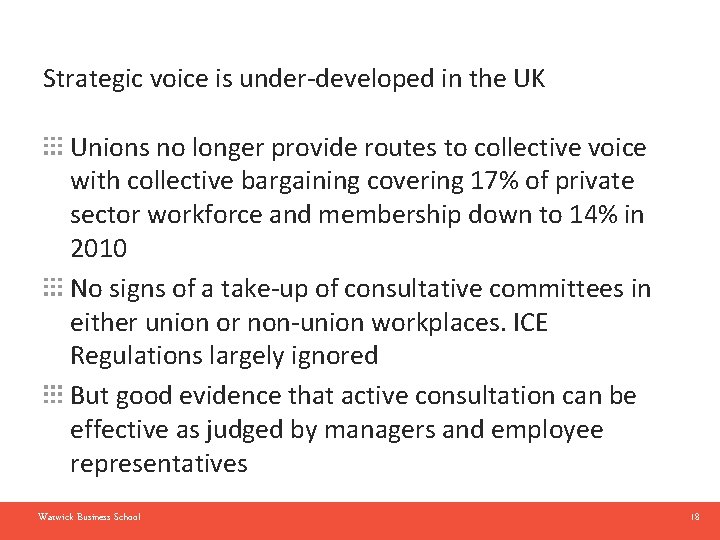 Strategic voice is under-developed in the UK Unions no longer provide routes to collective