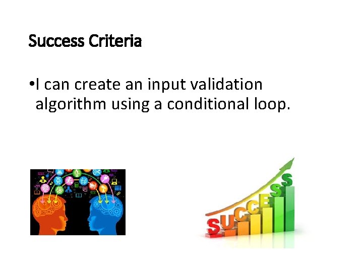 Success Criteria • I can create an input validation algorithm using a conditional loop.
