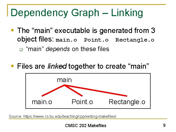 Dependency Graph – Linking § The “main” executable is generated from 3 object files: