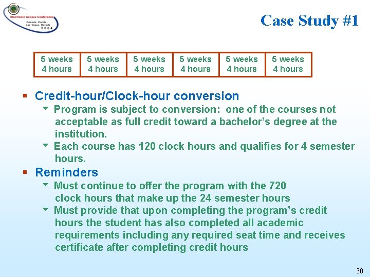 Case Study #1 5 weeks 4 hours 5 weeks 4 hours § Credit-hour/Clock-hour conversion