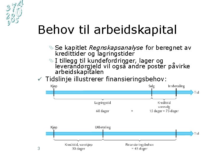 Behov til arbeidskapital Ê Se kapitlet Regnskapsanalyse for beregnet av kredittider og lagringstider Ê