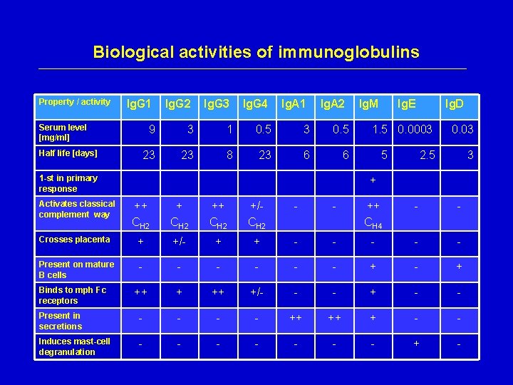 Biological activities of immunoglobulins Property / activity Ig. G 1 Ig. G 2 Ig.
