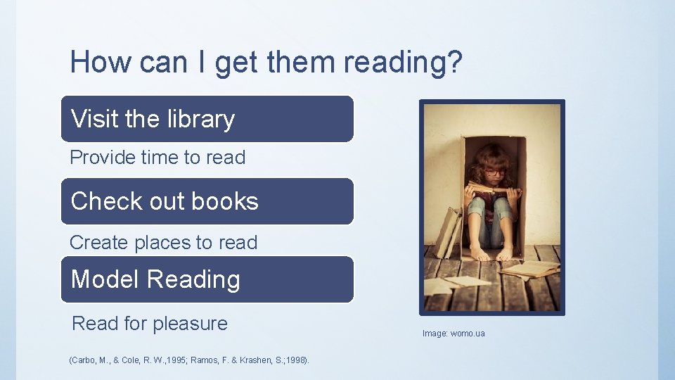 How can I get them reading? Visit the library Provide time to read Check