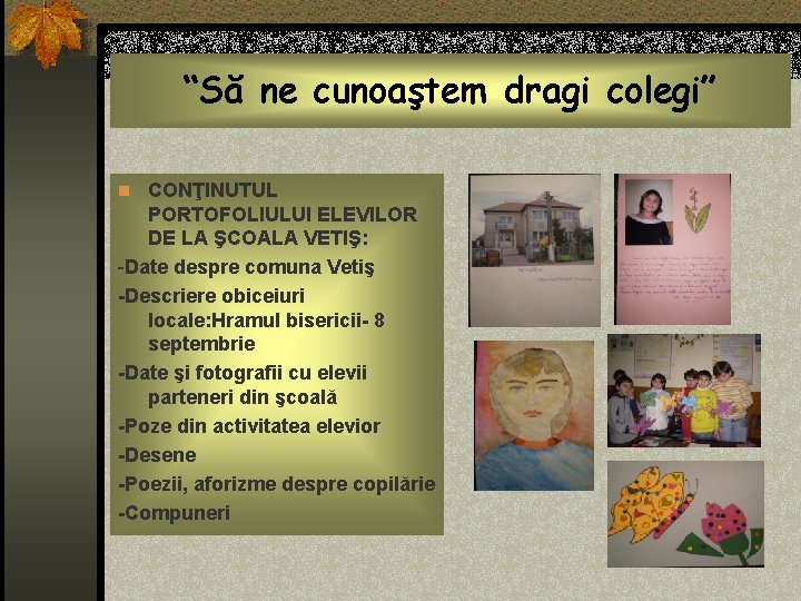 “Să ne cunoaştem dragi colegi” n CONŢINUTUL PORTOFOLIULUI ELEVILOR DE LA ŞCOALA VETIŞ: -Date