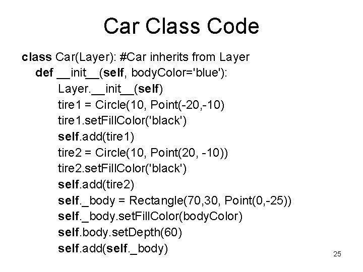 Car Class Code class Car(Layer): #Car inherits from Layer def __init__(self, body. Color='blue'): Layer.